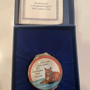 Halcyon enamel box with original box. Pet motif.